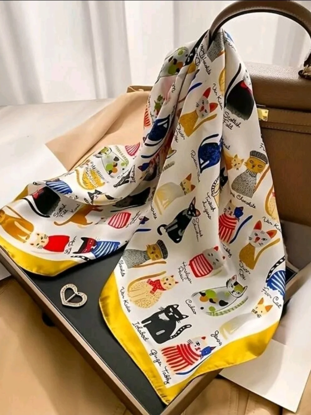 Silky Cat-Print Scarf in White and Yellow - Designer Style